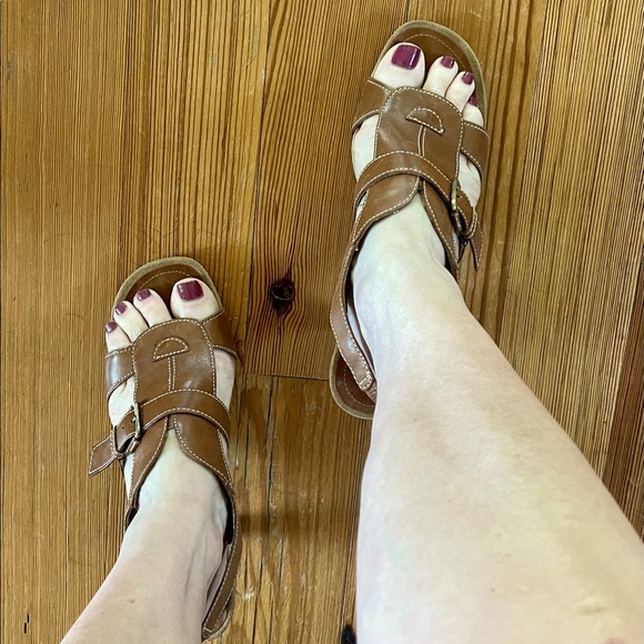 Women’s Dark Tan Leather Wooden Heeled Sandals - Picture 10 of 11
